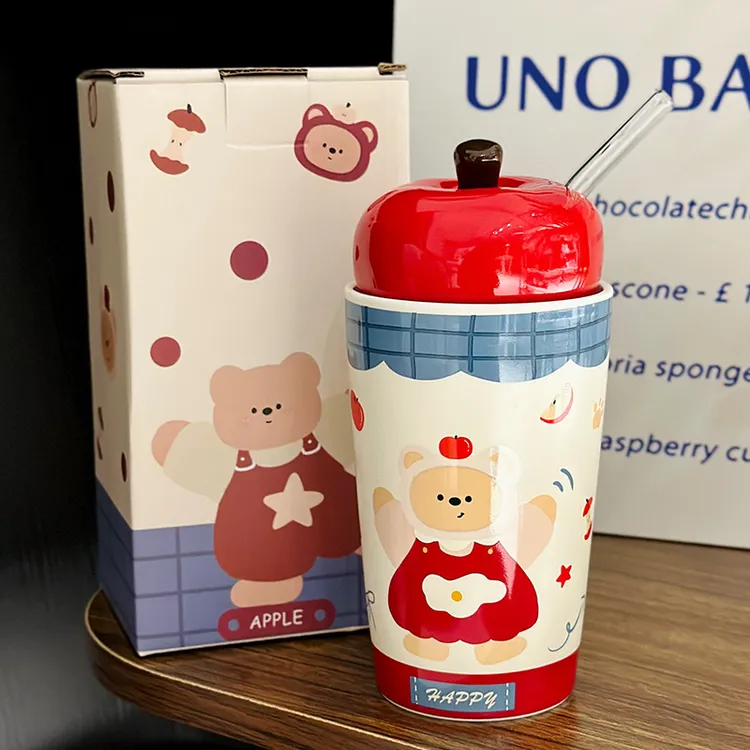 苹果吸管陶瓷马克杯女生咖啡杯高颜值办公室实用生日礼物杯子礼盒