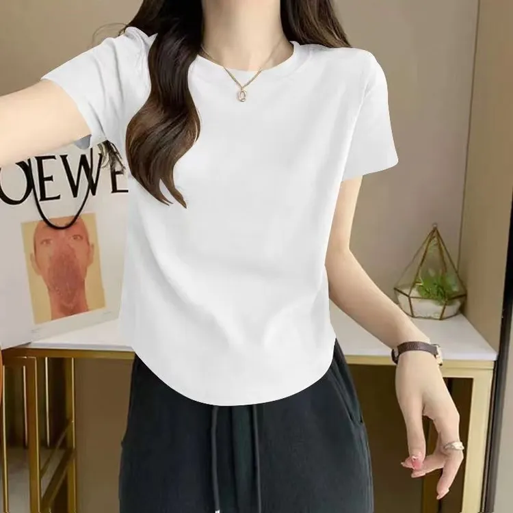 夏季新款弧形圆领正肩短袖白色T恤女宽松显瘦遮肉不规则上衣女T恤