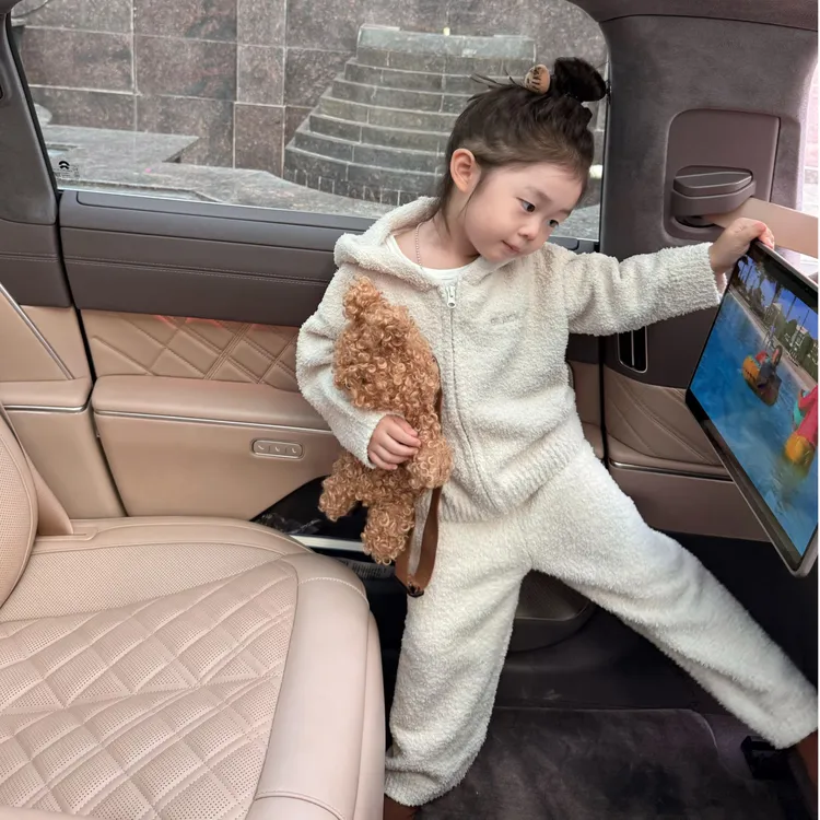女童2025秋冬新款韩版半边绒可爱兔耳连帽上衣纯色裤子家居服套装