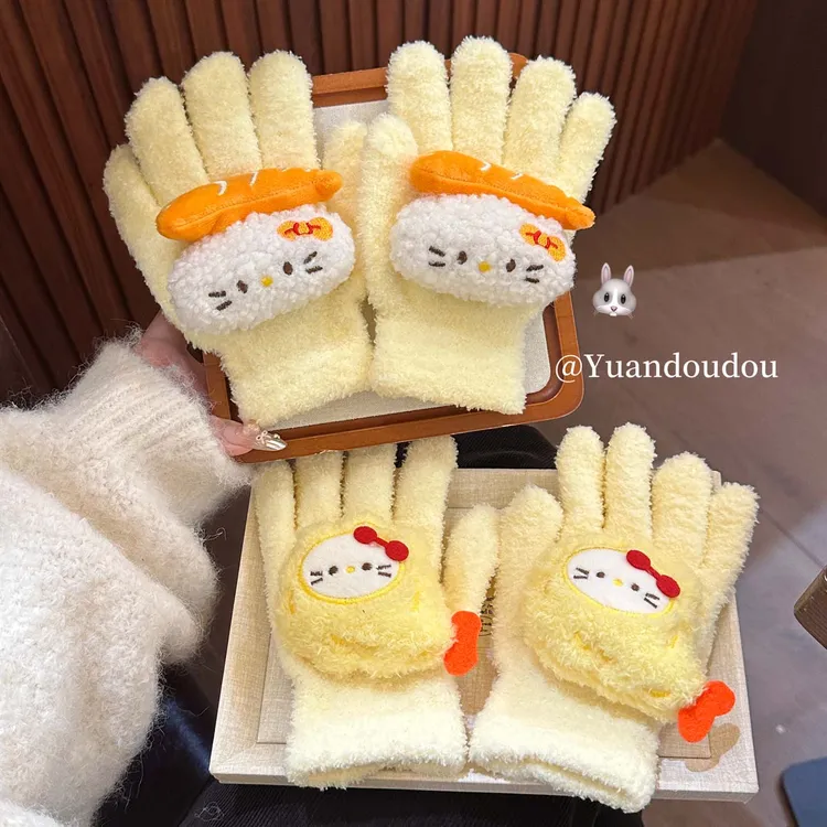 可爱食玩炸虾kitty五指手套冬季少女电动车女生保暖毛绒防寒学生