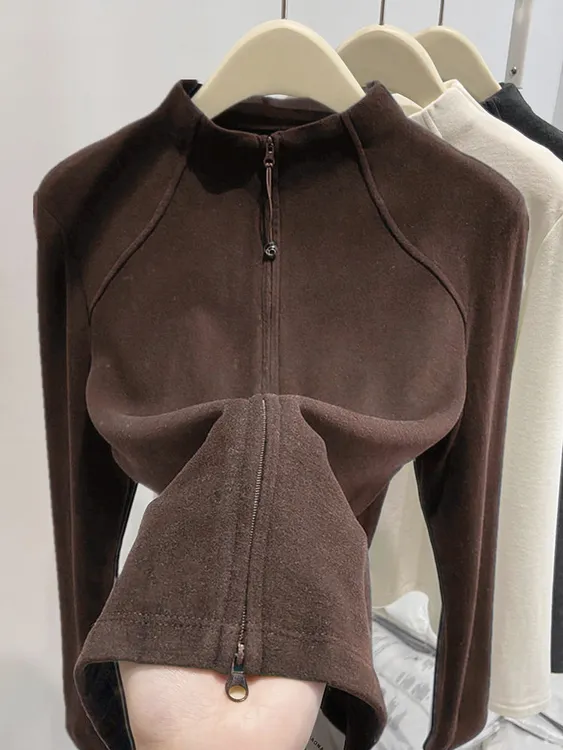 升级版~半高领德绒秋冬打底衫女新款双拉链开衫加厚外套修身卫衣