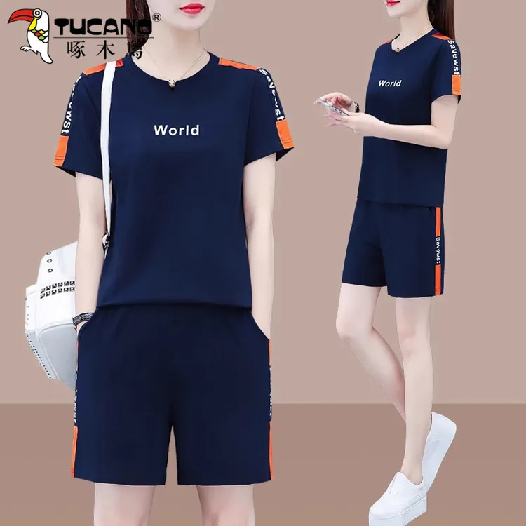 啄木鸟运动套装女夏季2025新款短袖短裤夏装宽松洋气跑步服两件套