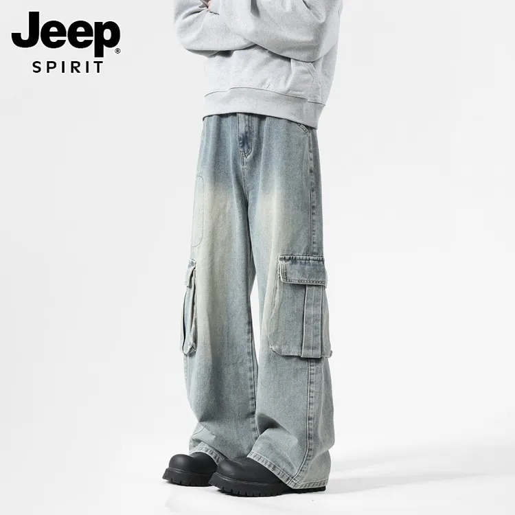 JEEPSPIRIT大口袋工装牛仔裤男秋宽松阔腿水洗复古美式拖地长裤子