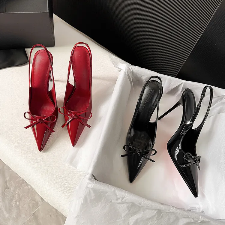2025春夏新款尖头高跟鞋细跟红底单鞋气质漆皮性感宴会包头凉鞋女