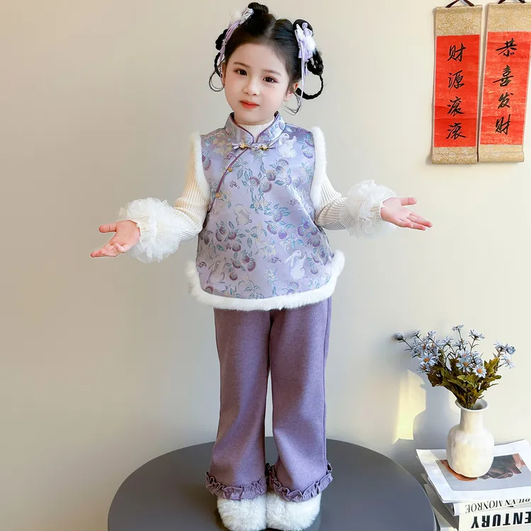 汉服女童加绒套装秋冬装宝宝周岁衣服夹棉儿童唐装国风过年拜年服