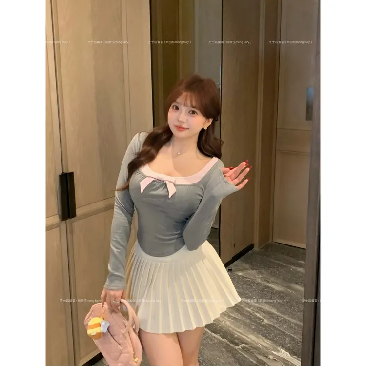 萌面侠芝士【嗲乖少女】纯欲方领磨毛针织上衣百褶半裙6865 6755