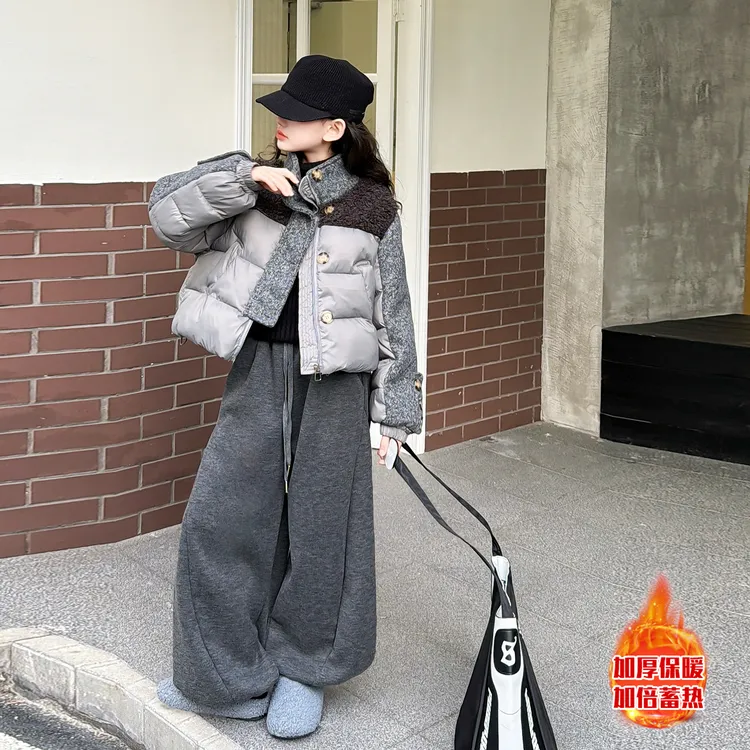 女童秋冬加厚棉服套装25新款设计感拼接棉衣外套加绒阔腿裤两件套