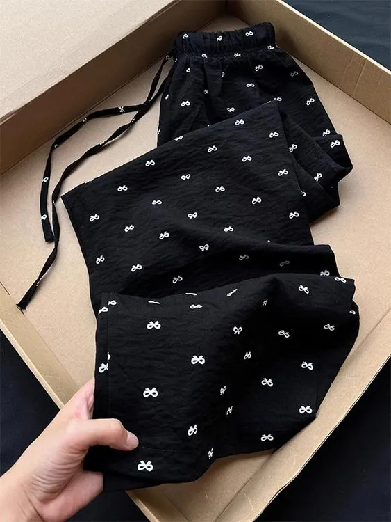 CHAO级推荐！超喜欢巨显瘦~黑色蝴蝶结印花裤子女夏季冰凉阔腿裤