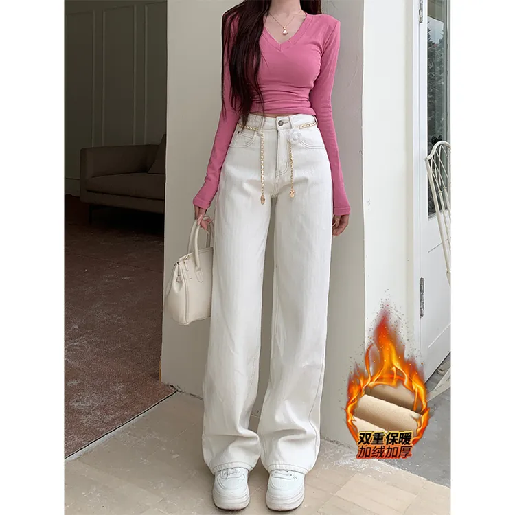 山茶花小香格纹设计感加绒阔腿牛仔裤女2025年冬季新款高腰长裤