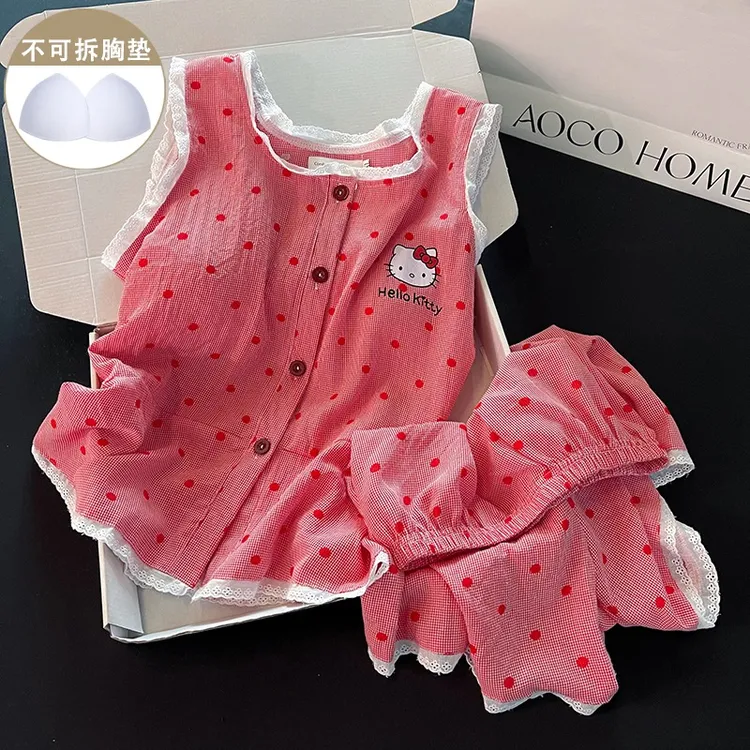 奶呼呼夏日波点hellokitty洋气蕾丝花边甜美背心短裤睡衣两件套夏