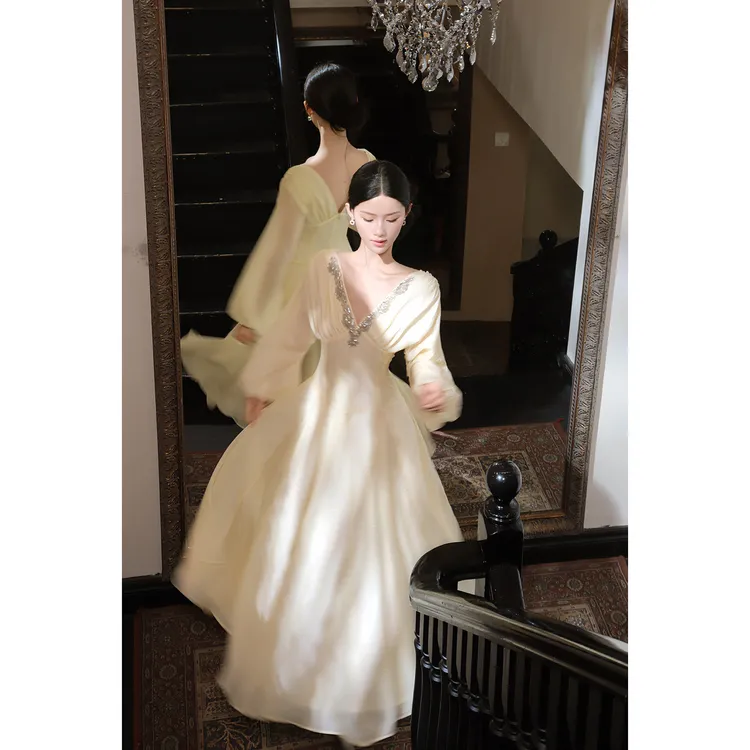 Good Job【樱雾絮语】法式赫本风v领长袖连衣裙气质高级感礼服裙