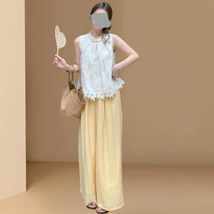 新中式套装女夏季新款复古百搭薄款马甲背心上衣高腰休闲阔腿长裤