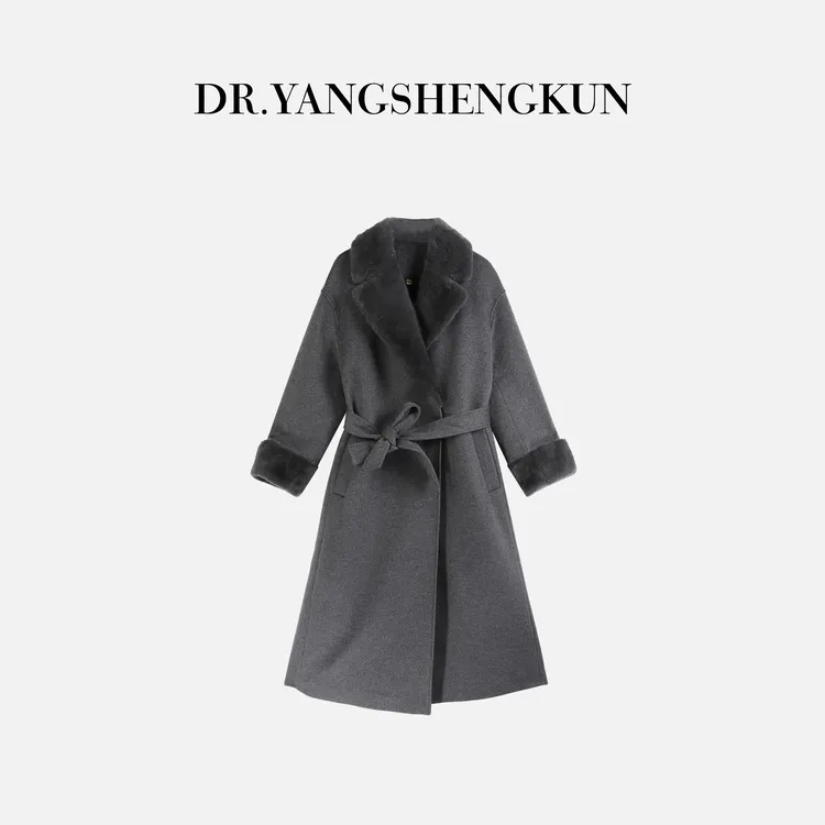 杨圣坤2025新品90白鹅绒水貂拼接中长款羊绒混纺大衣S825120830