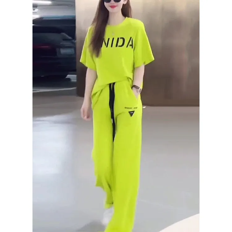 休闲运动套装女夏2024新款洋气港风绿色小清新短袖上衣阔腿裤两件