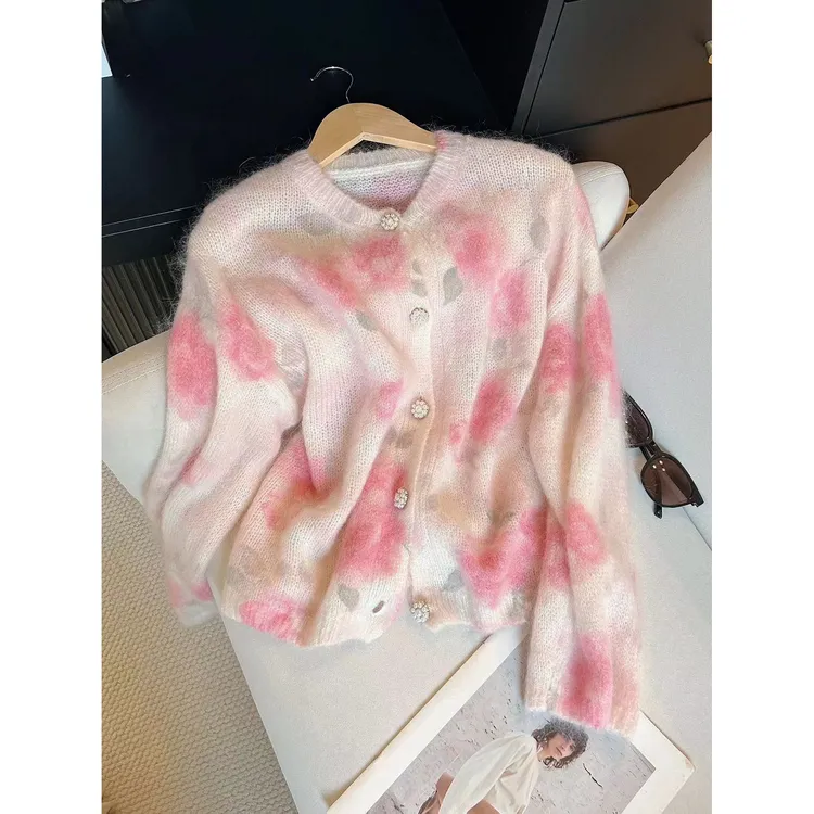 海马毛毛衣女款2025粉色印花长袖上衣设计感小众薄款针织开衫外套