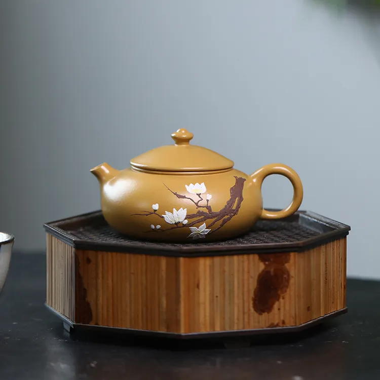 宜兴紫砂壶原矿黄金朱泥小品泥绘寒江壶120ml手工功夫茶壶茶具