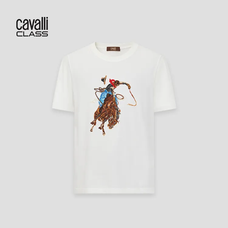 Cavalli Class26白色夏季圆领刺绣男士短袖T恤速干纤维短袖RWC403