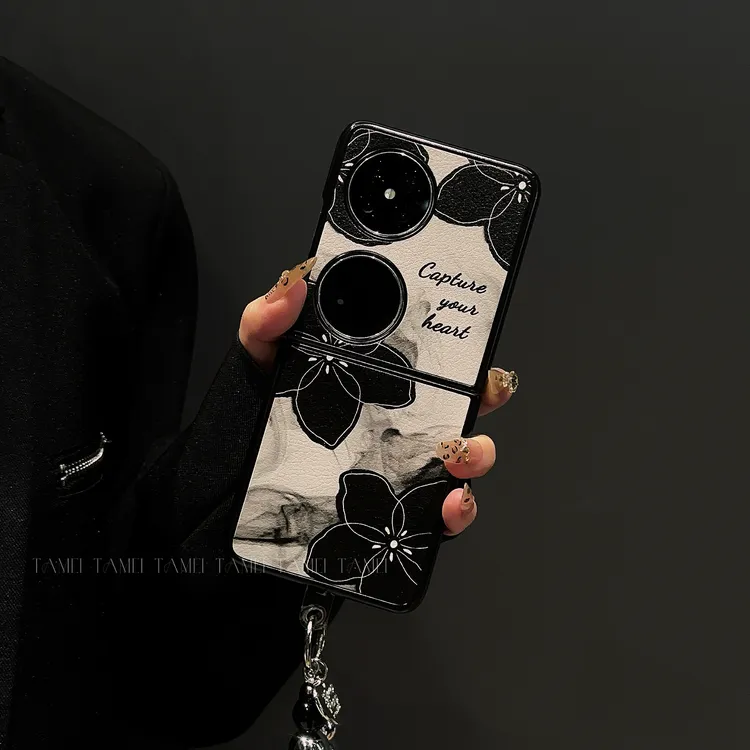 适用于华为pocket2手机壳羊皮折叠matex5水墨花支架华为pockets