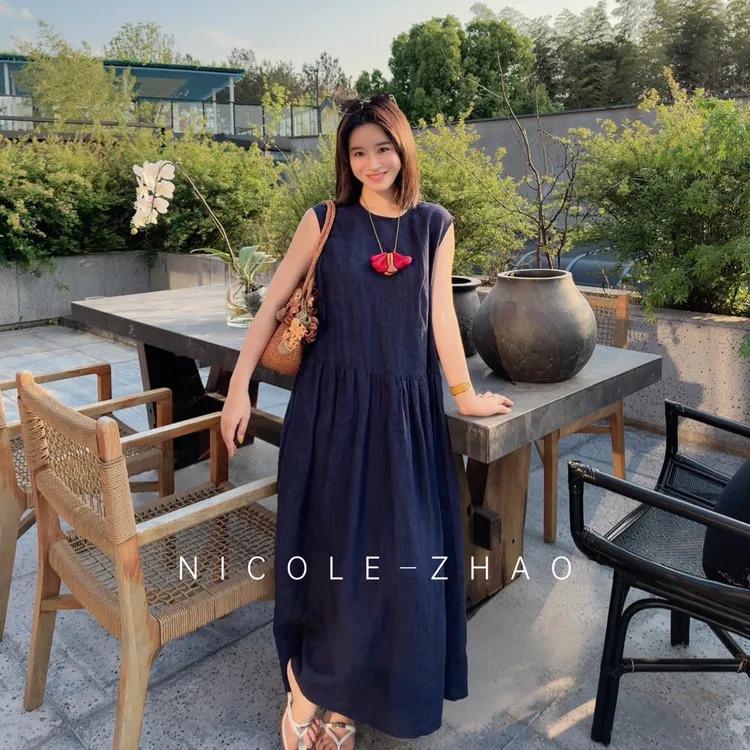 紫色琉璃【贵姐NICOLE】手工坊系列砂洗植物染色麻裙6NQW039