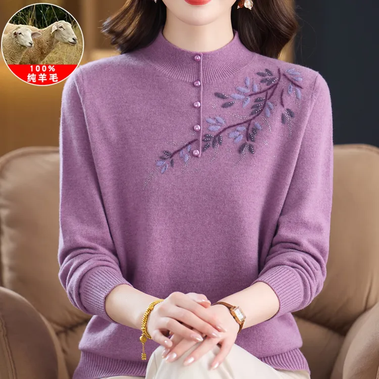 中老年女100%纯羊毛针织打底衫2025秋冬新款时尚妈妈半高领上衣服