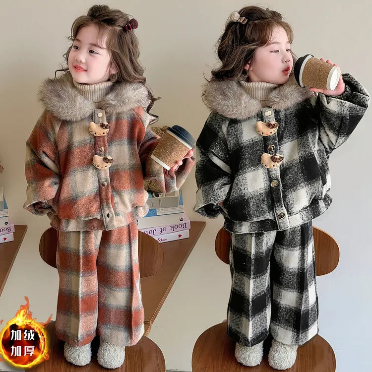 女童加绒加厚套装冬季2025新款儿童毛领格子两件套女宝宝保暖冬装