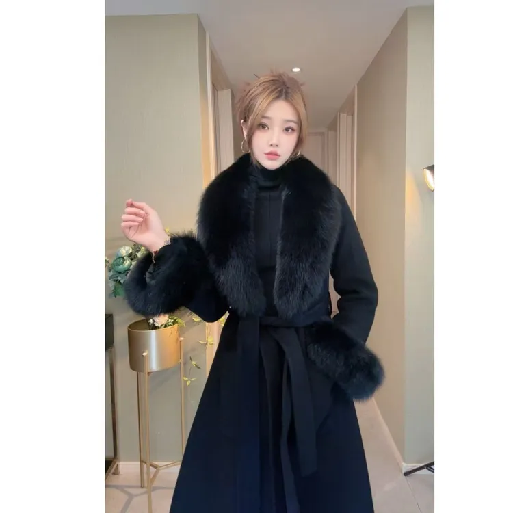 【星星专属】经典黑色超大狐狸毛领双面羊毛大衣修身显瘦加长款