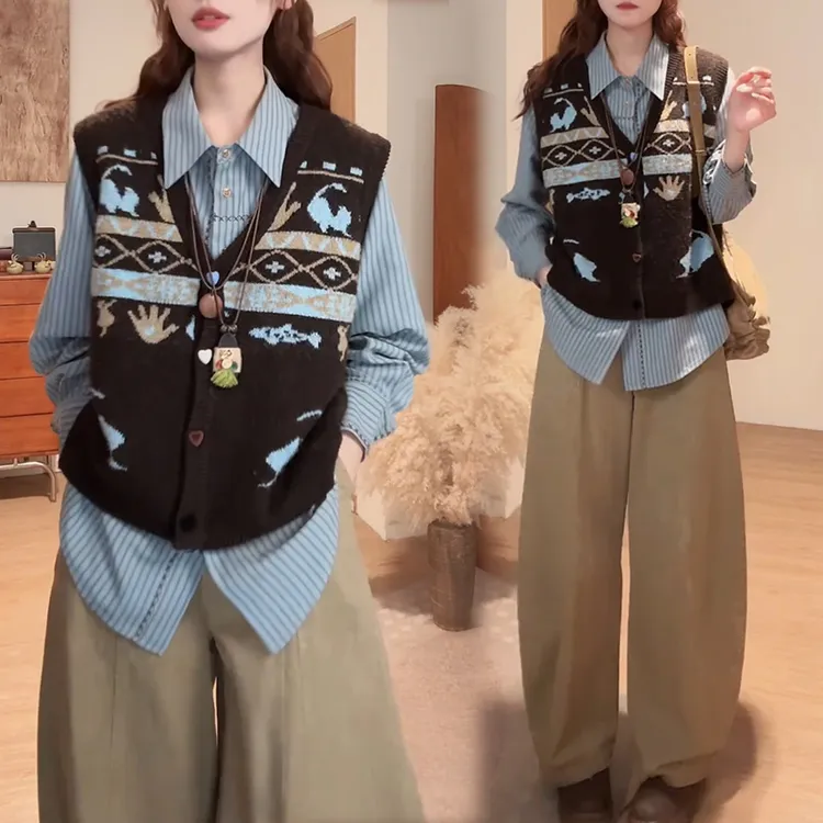 老钱风松驰感套装女2025年春秋新款长袖衬衫针织马甲阔腿裤三件套