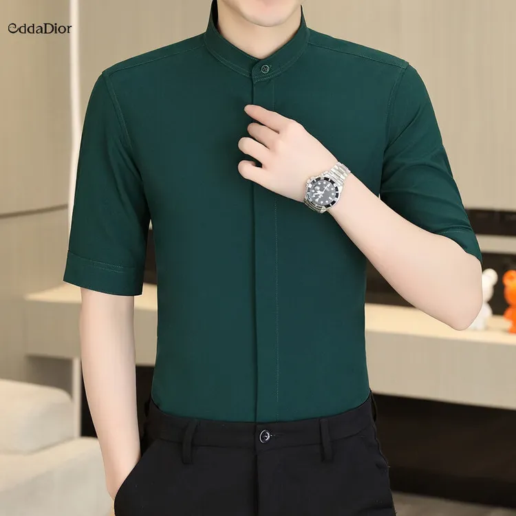 EDDADIOR立领中袖衬衫男士休闲时尚潮流衬衣中式国风夏季修身商务