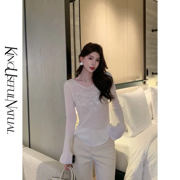 KUN【蝶翼】如艺术品般 羊驼羊毛蝴蝶钉珠喇叭袖秋冬毛衣上衣