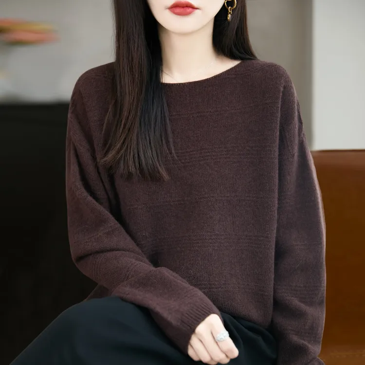 鄂尔斯市100%羊毛纯色针织打底衫女宽松大码女装上衣秋冬羊绒毛衣