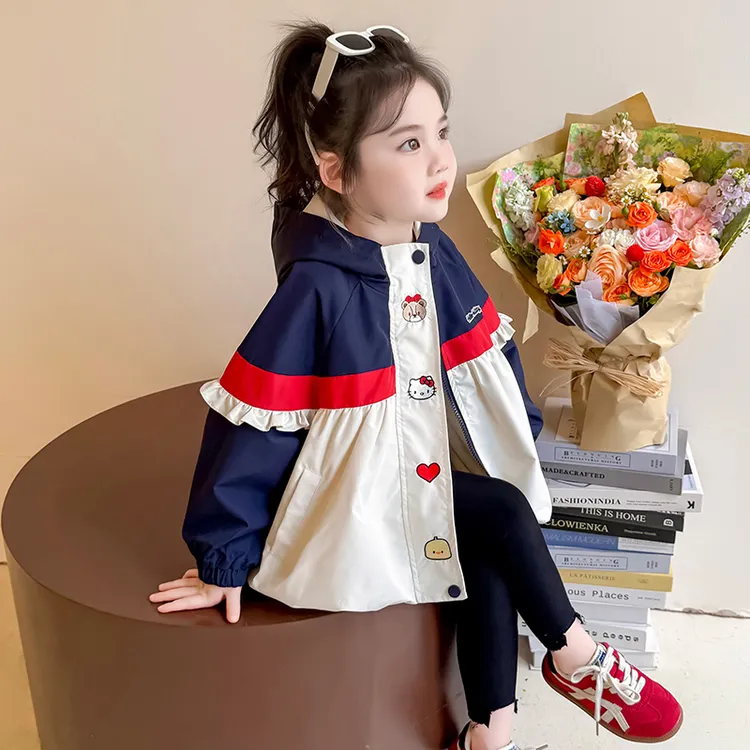 儿童春秋装女童洋气连帽外套小女孩时髦女宝宝蝴蝶结拼色上衣甜美