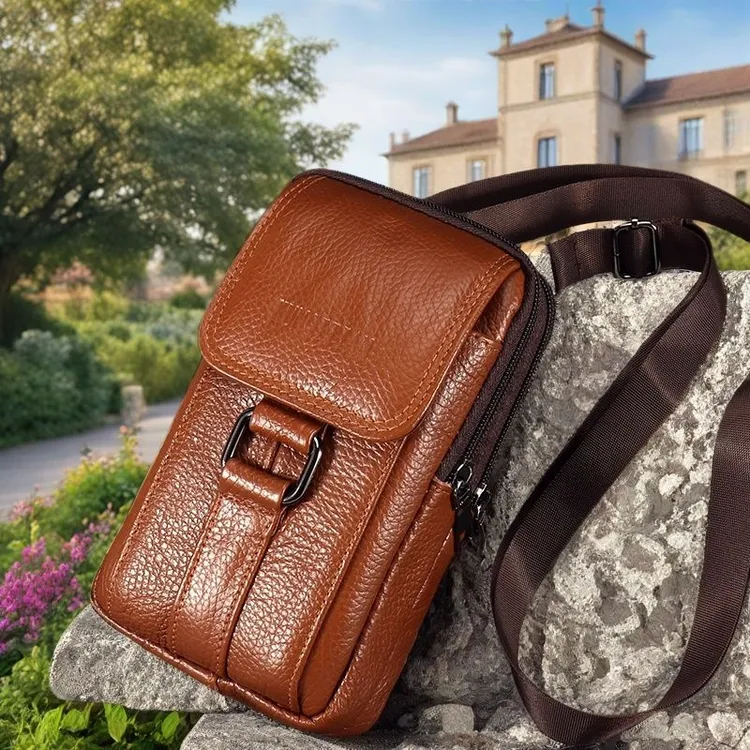 牛皮手机包新款男士穿皮带腰包干活工地腰带手机袋户外防水斜跨包