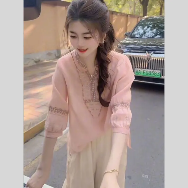 粉色时尚甜美减龄半开领短袖T恤女2025夏季新款宽松气质小众上衣