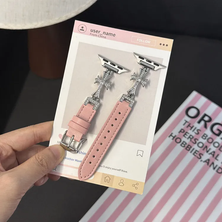 适用apple11苹果十字架镶钻表带皮质S10987se时尚百搭皮质女腕带