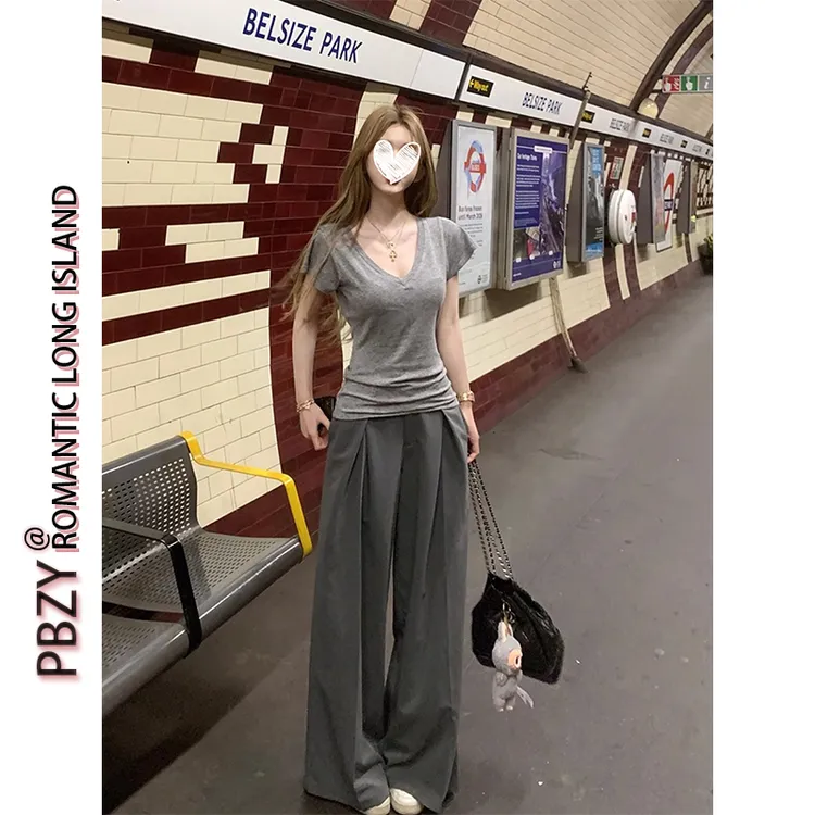 松弛张力！版型巨爱 掐腰v领t恤女+阔腿裤西裤宽松裤子两件套9078#