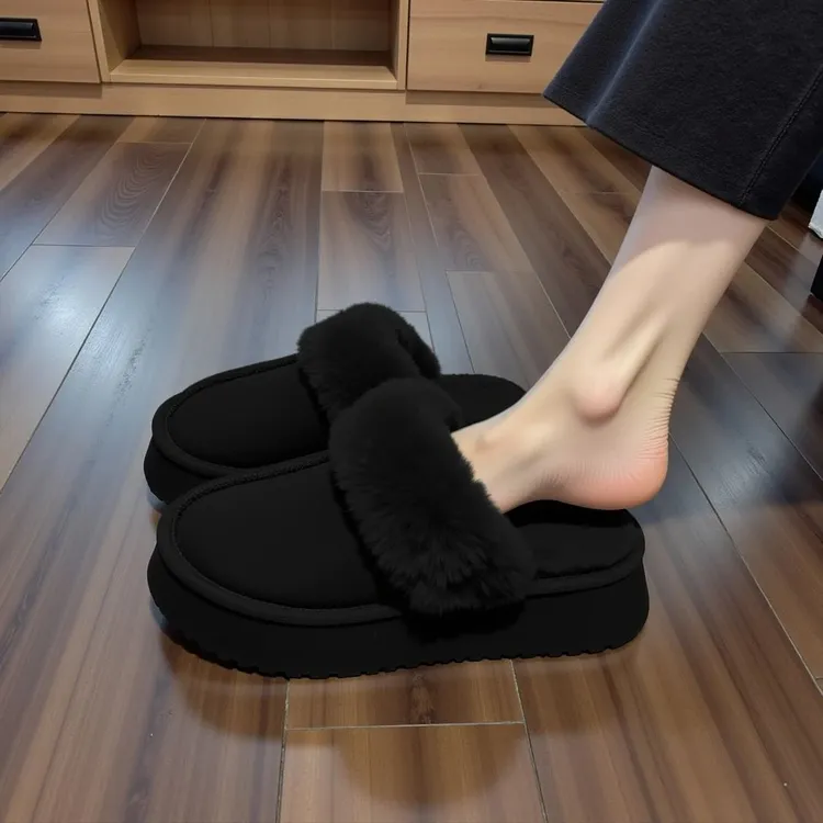 升级版黑色毛毛拖鞋女厚底秋冬外穿加绒雪地靴高级感包头拖棉拖鞋