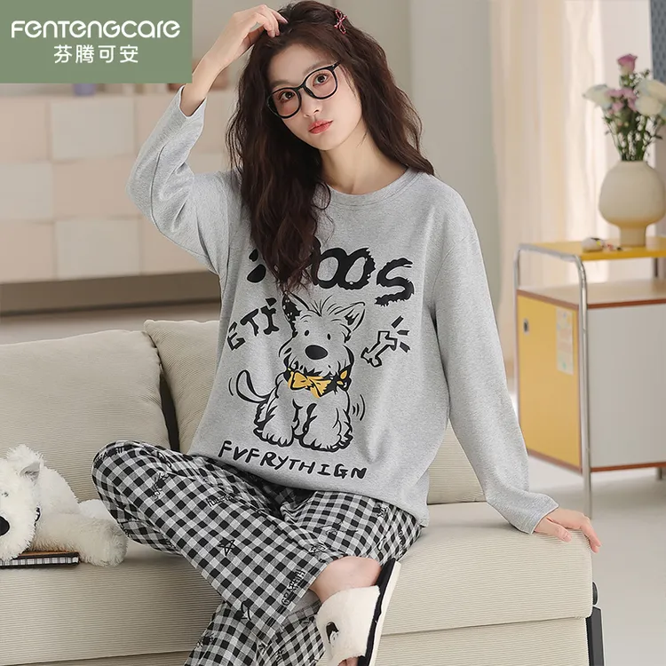 芬腾可安睡衣女带胸垫长袖2025新款春秋季纯棉加厚格子裤家居服冬