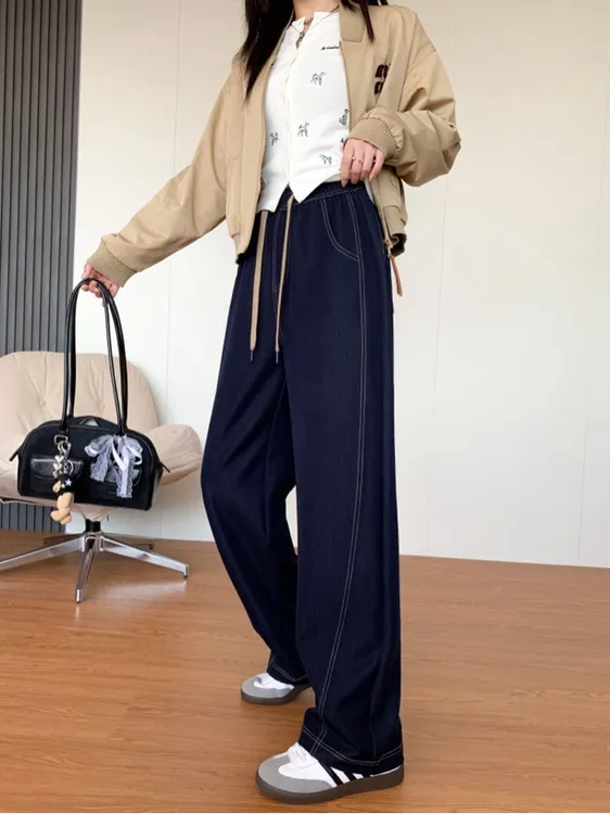 复古丹宁宽松直筒阔腿牛仔裤镰刀香蕉裤设计时尚百搭