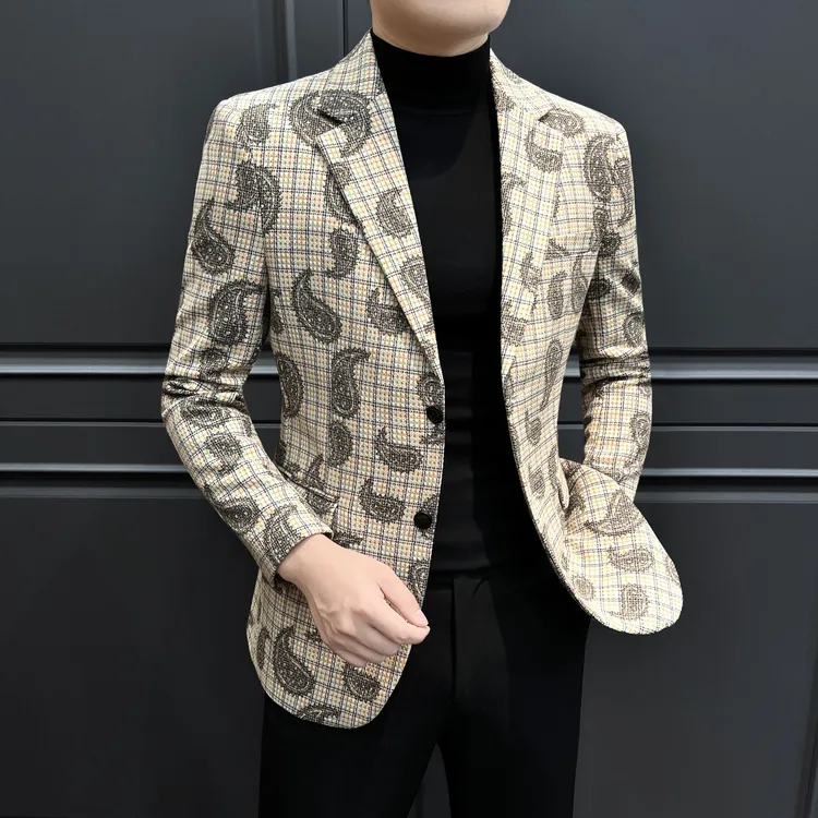 编织毛呢印花西装外套2025新款爆款高级感秋季潮流男士休闲西服男
