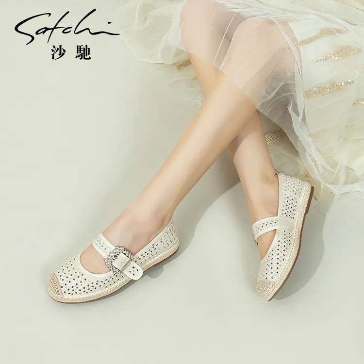 沙驰女鞋舒适软底一字带玛丽珍鞋2025年春季新款透气休闲平底单鞋