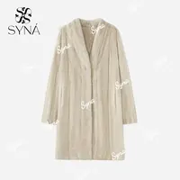 希娜 天然珍珠本色全抽V领挽袖长款水貂外套
