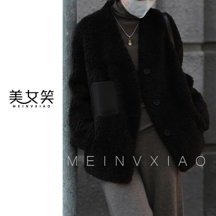 美女笑MNX【其琛】100%绵羊毛颗粒绒韩系V领外套女高级羊剪绒常规款
