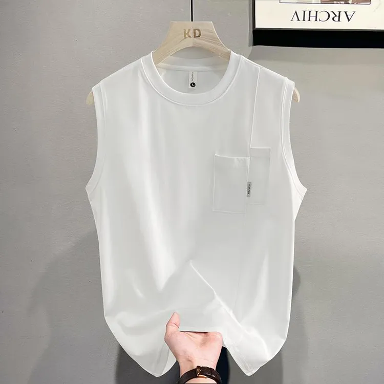 LOzP纯棉背心男士夏季百搭无袖T恤纯色设计感透气宽松运动汗衫