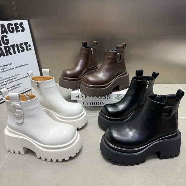 富129-1新款厚底秋冬加绒时尚圆头粗跟英伦风马丁靴底厚8公分