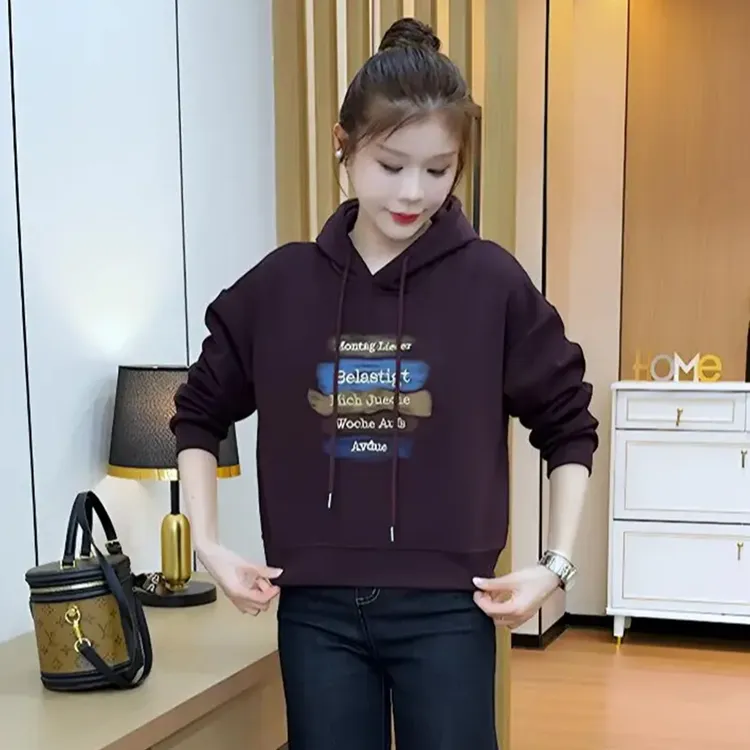 时尚设计感连帽卫衣女2025秋冬新款小个子宽松显瘦休闲印花上衣潮