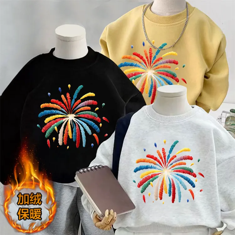 新款新年喜庆烟花印花拜年服中大小男女儿童加绒加厚百搭卫衣上衣