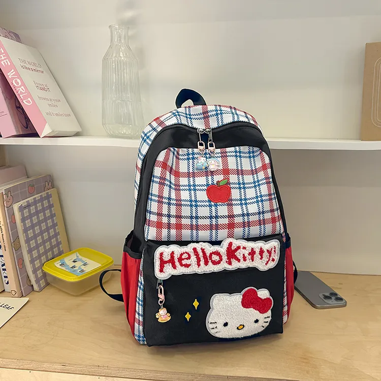 美式复古红格子猫猫骨头星星帆布千禧y2k大容量双肩包学生书包