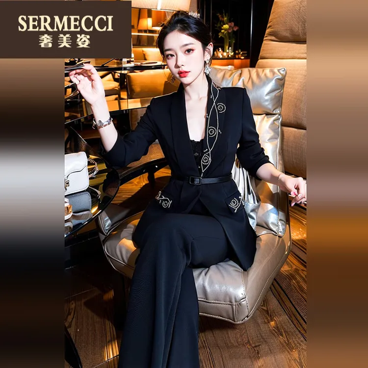 奢美姿2025春秋洋气时尚黑色西装外套直筒西服裤子两件套装