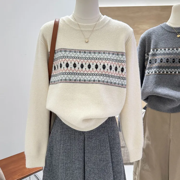 大码格子提花打底毛衣女秋冬新款宽松遮肉休闲内搭针织上衣