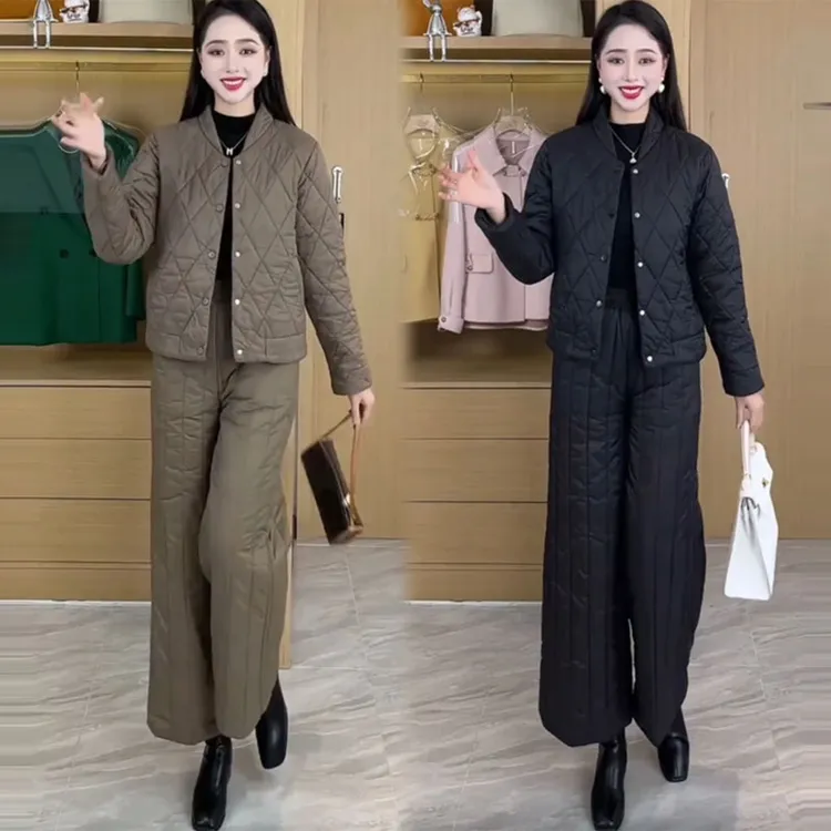 加棉加厚时尚套装女2025冬季新款时髦洋气菱格保暖棉衣棉裤两件套